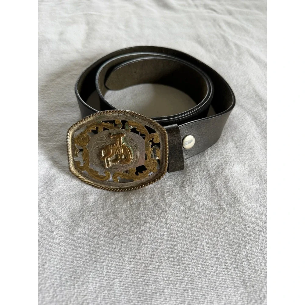 Alpaca Mexico Bronco Buckle Leather Belt Mens 42 Black Western Cowboy Rodeo